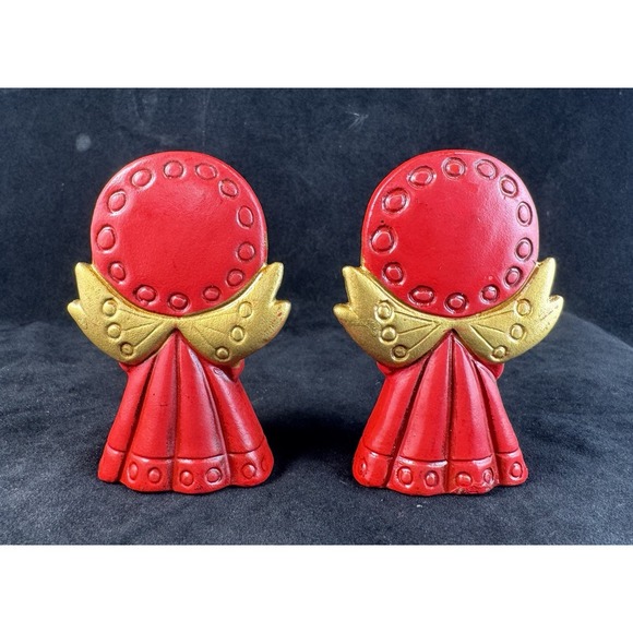 Vintage Christmas Angel Figurines Pair Red Gold Praying Mid Century Mod Retro - Picture 2 of 7